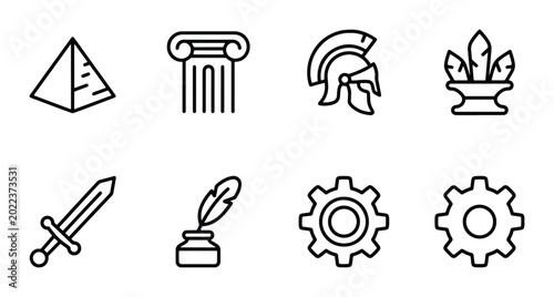 Tableau sur toile Ancient History Icons Set, Classical Civilization Symbols, Egyptian Pyramid, Gre