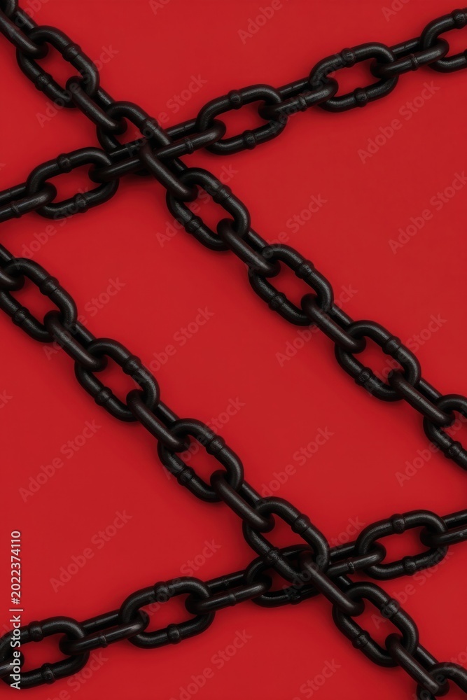Fototapeta premium Thick black chains overlap on solid red backdrop. Graphic pattern forms diagonal lines, evoking ideas of bondage or industrial strength. Modern abstract design.