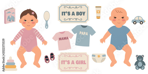 Fotografi A set of illustrations for a baby shower, whether it's a boy or a girl