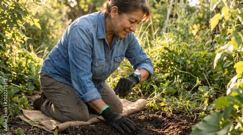 Woman planting seedling in garden soil among green vegetation
