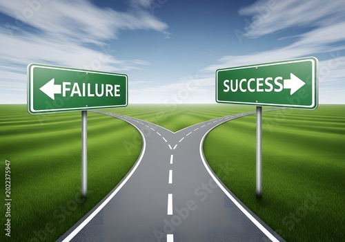 Road diverges to success or failure with green signs on a green field
