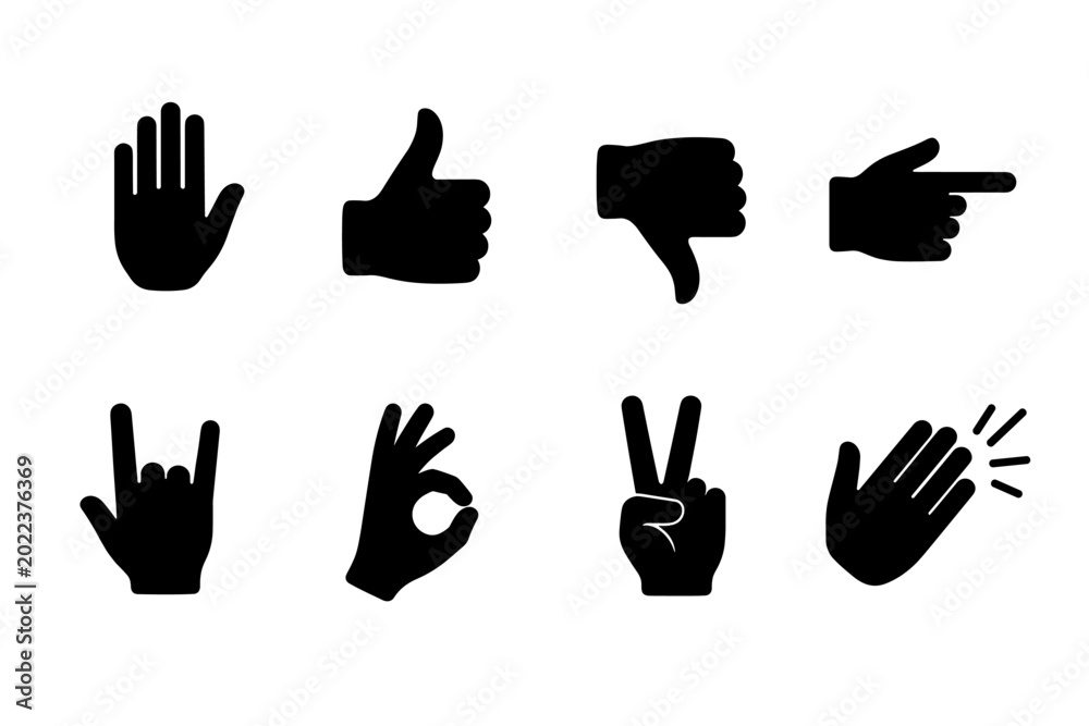 Obraz premium Variety of hand gestures silhouettes on white background