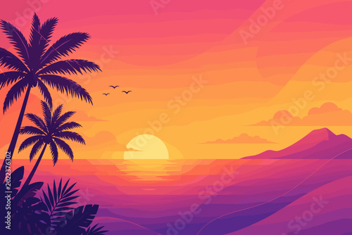 Tropical sunset with silhouetted palms and mountains under vibrant sky