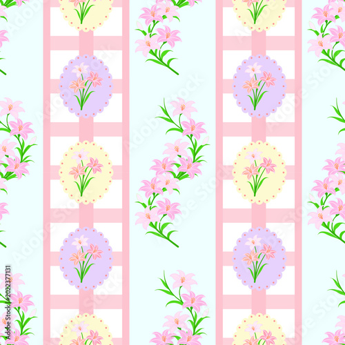 Hand-drawn pink lily floral seamless pattern in pastel colors, vector illustration.