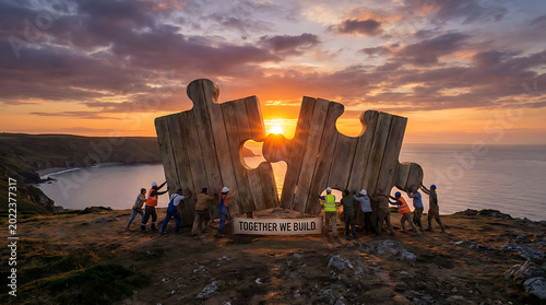 Group of people connecting giant puzzle pieces at sunset