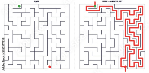 Maze puzzle and solution. Labyrinth game with answer key for problem solving and logic