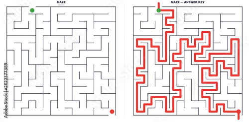 Square maze puzzle with solution. Labyrinth game with answer key showing the correct path from start to finish