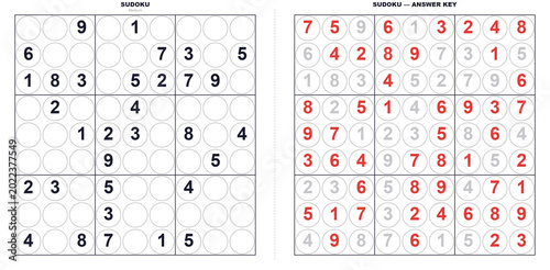Obraz na płótnie Sudoku puzzle sheet with solution printed in red colors