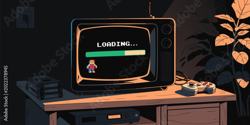 Retro vintage gaming setup with classic console controllers and a loading screen on old television