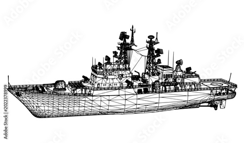 Tableau sur toile Wireframe Warship Vector Illustration in Side View with Detailed Hull, Deck, and