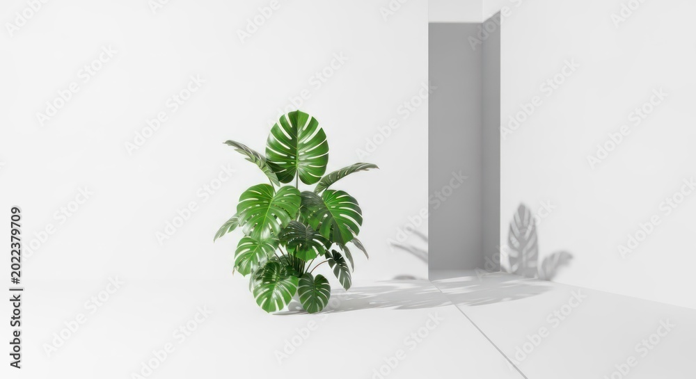 Fototapeta premium A monstera plant with large, glossy leaves stands in a minimalist white room with a gray corner. The plant casts a shadow on the wall, creating a contrast between the green foliage 