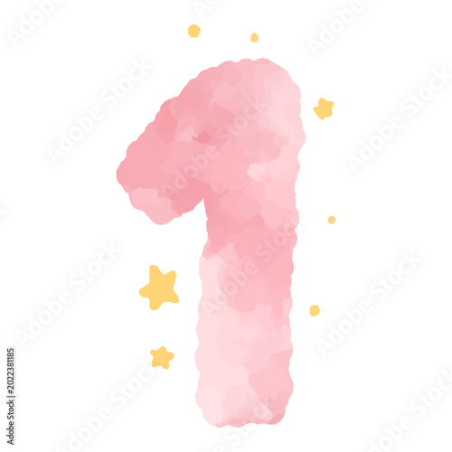 Watercolor number 1 clipart, soft pink cloud number with stars, baby birthday design
