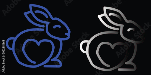 Tableau sur toile Cute neon bunny rabbit outline with a heart inside, glowing blue and white against a dark background, symbolizing love and gentleness