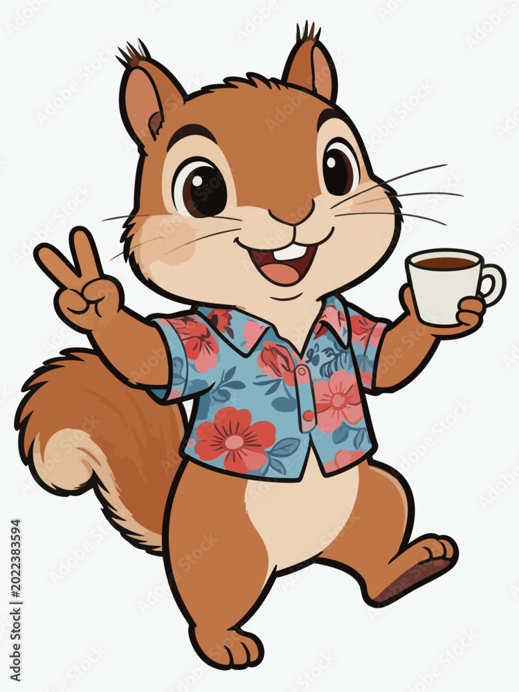 Fototapeta premium This is a cartoon illustration of a happy chipmunk wearing a floral Hawaiian shirt, holding a coffee cup and making a peace sign with its other paw.
