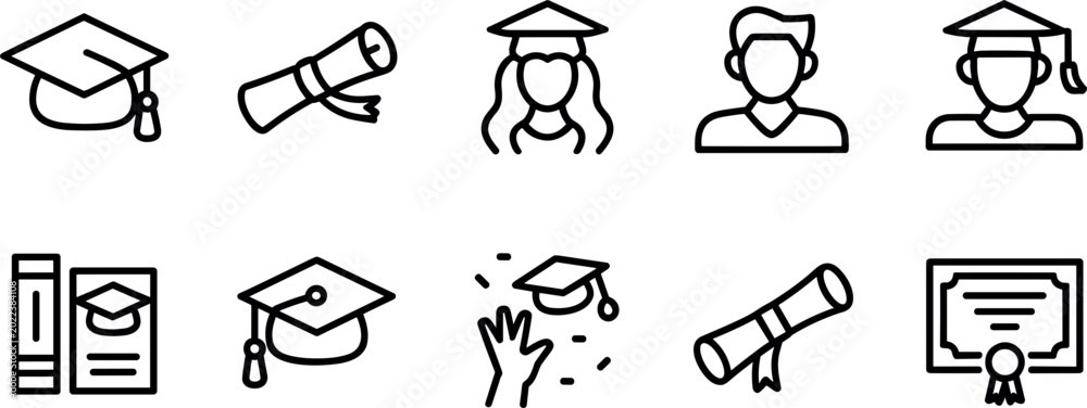 Fototapeta premium Education and Graduation Icon Set with Students Diploma Certificate Graduation Cap and Academic Symbols Minimal Line Vector Collection for School and University Design