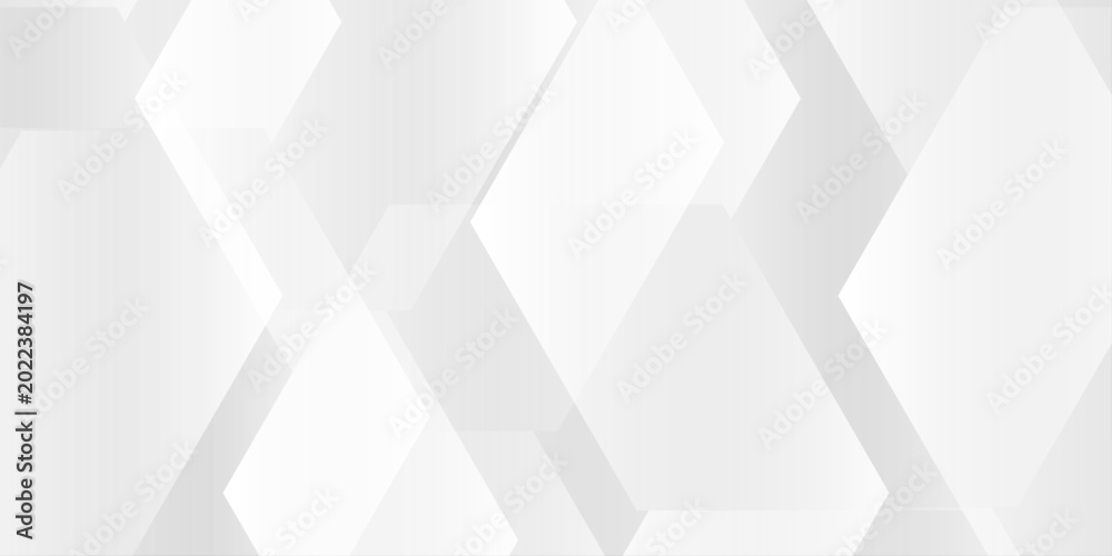Fototapeta premium Abstract white and gray geometric background with overlapping diamond and hexagon shapes in a subtle gradient style. An architectural arrangement of translucent geometric shapes.