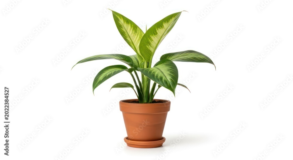 Fototapeta premium A potted plant with broad, variegated leaves in a terracotta pot against a plain white background. The plant appears healthy and well-maintained, with a simple and clean composition.