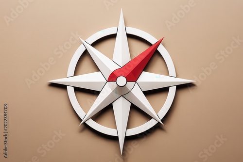 A detailed illustration of a red and white compass on a beige background shows navigation.