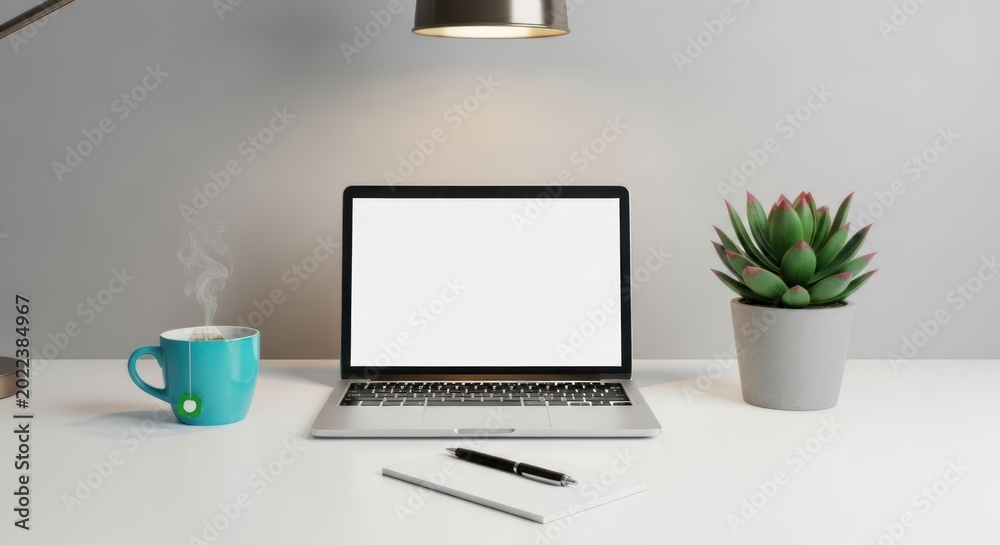 Fototapeta premium A minimalist workspace setup with a laptop, a steaming mug, a pen, a notebook, and a succulent plant on a white desk under a lamp. The scene is well-lit with a clean, modern aesthetic.