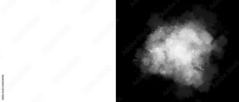 Fototapeta premium Atmospheric white smoke cloud on black background, ethereal steam texture for overlay, realistic fog puff and vapor element for photo editing