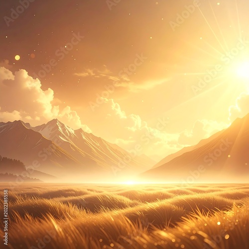 Golden sunrise over mountains and wheat field.