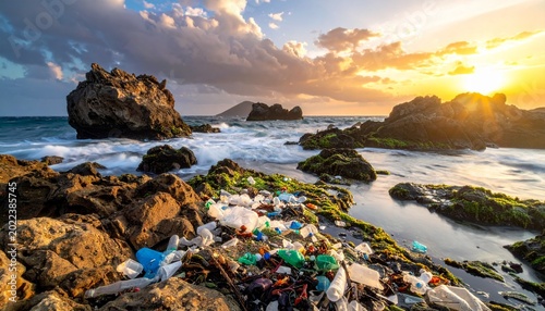 Polluted beach at sunset, ocean waves