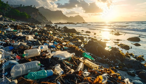 Polluted beach at sunset