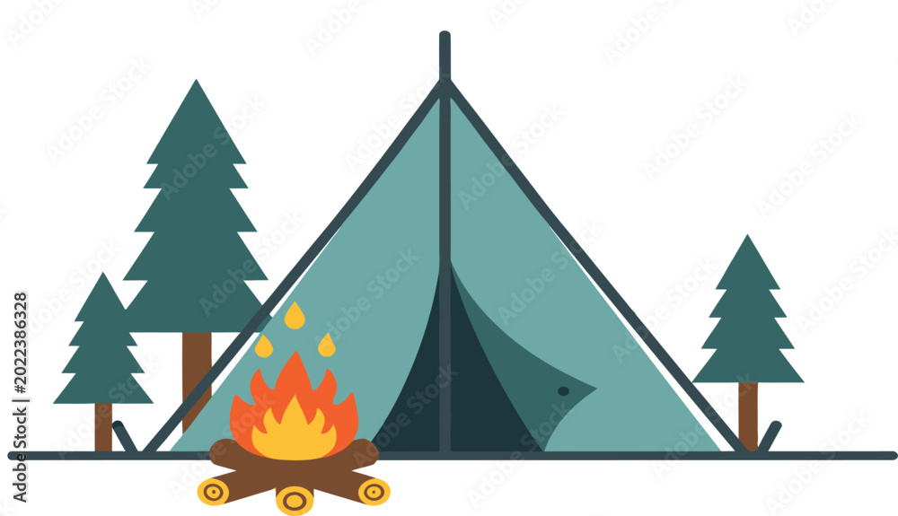 Obraz premium Camping scene with tent and campfire flat vector illustration
