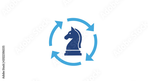 Foto chess knight icon with circular arrows blue and dark blue