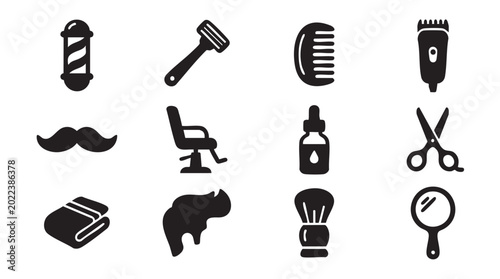 Photos Barber shop icons, grooming tools, black silhouettes, 10pcs vector set