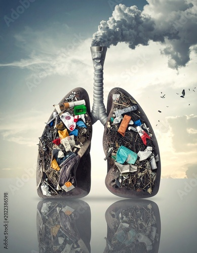 Polluted lungs with smoke plume