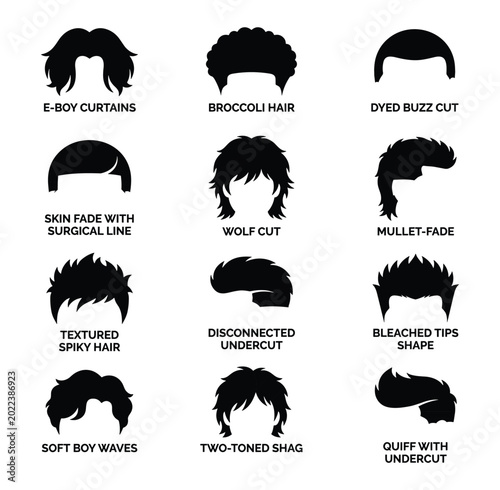 Trendy Modern Men's Hairstyle Silhouette Collection with Different Cuts and Fashionable Styles