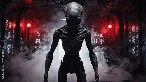Ominous alien creature standing in a dark futuristic corridor with red lights and fog
