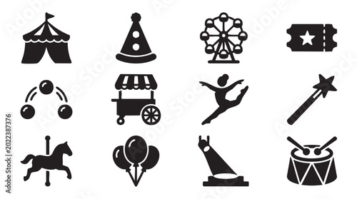 Konstfotografi Black carnival icons set, 10 circus symbols, vector graphics, funfair elements