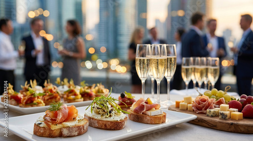 Variety of gourmet appetizers and champagne glasses at corporate rooftop event with bokeh city background