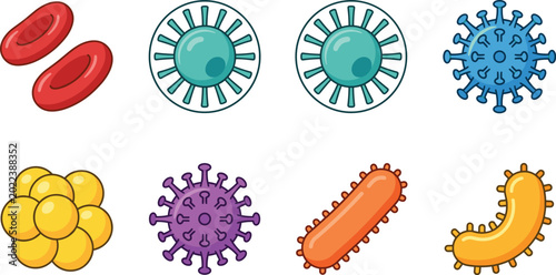 Bild auf Leinwand Colorful set of human blood cells and microscopic pathogen icons including red b