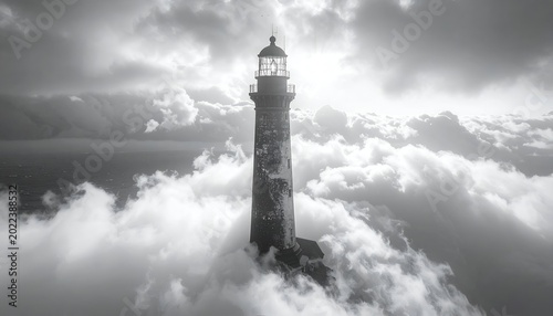 Towering lighthouse, obscured by thick clouds, monochrome