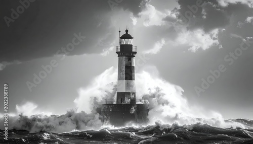 Striking lighthouse against ocean waves, powerful monochrome weather scene