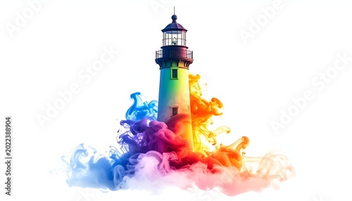 Lighthouse amidst vibrant, swirling clouds of colorful, smoky paint