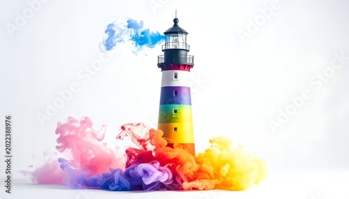 Rainbow lighthouse emits blue smoke, surrounded by colorful plumes