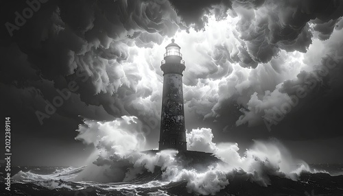 Towering lighthouse braves stormy seas under dramatically swirling clouds