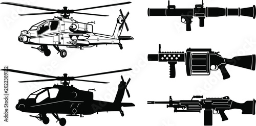 Fotografía Military equipment vector set featuring attack helicopter silhouettes, rocket la