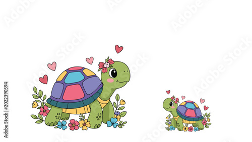 Adorable cartoon mother and baby turtles decorated with flowers and surrounded by pink hearts on a white background.