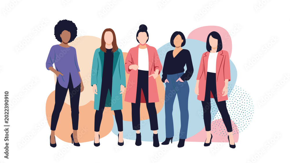 Obraz premium Stylish group of five diverse women wearing modern casual and professional outfits against abstract colorful shapes.