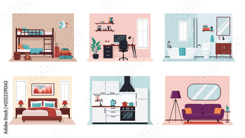 Detailed set of flat vector illustrations depicting various rooms in a modern home including bedroom, office, bathroom, and kitchen.