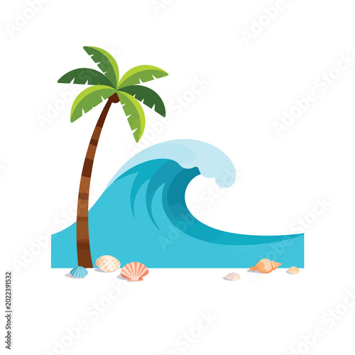 Photography Minimal Tropical Ocean Wave Vector Illustration with palm tree and sunny beach s