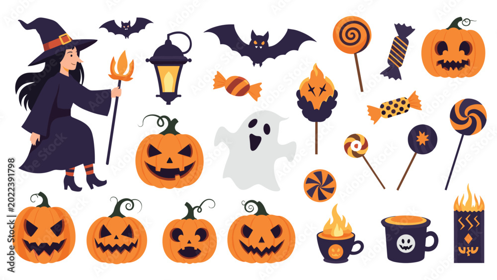 Obraz premium Comprehensive collection of Halloween-themed icons including a witch, pumpkins, bats, ghosts, candles, and various candies.