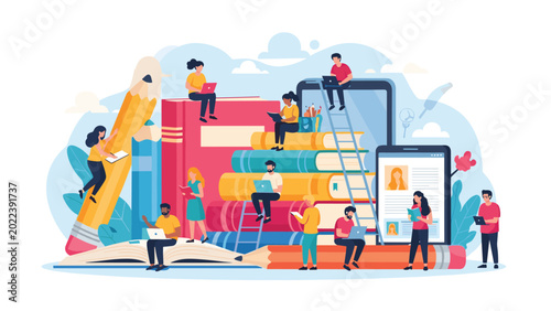 Creative concept of education and digital learning featuring miniature people reading books and using technology around school supplies.