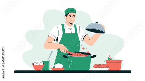 A chef dressed in a green apron lifts the circular metal lid off a steaming green pot filled with food on a flat kitchen counter surface illustration.