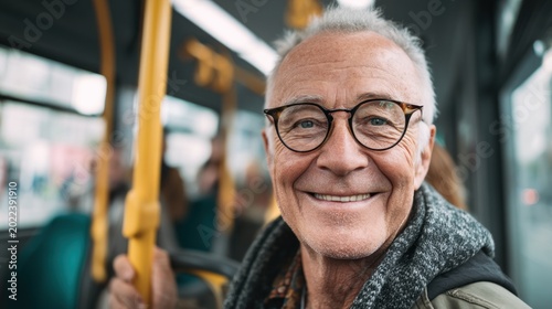 Smiling senior man on bus